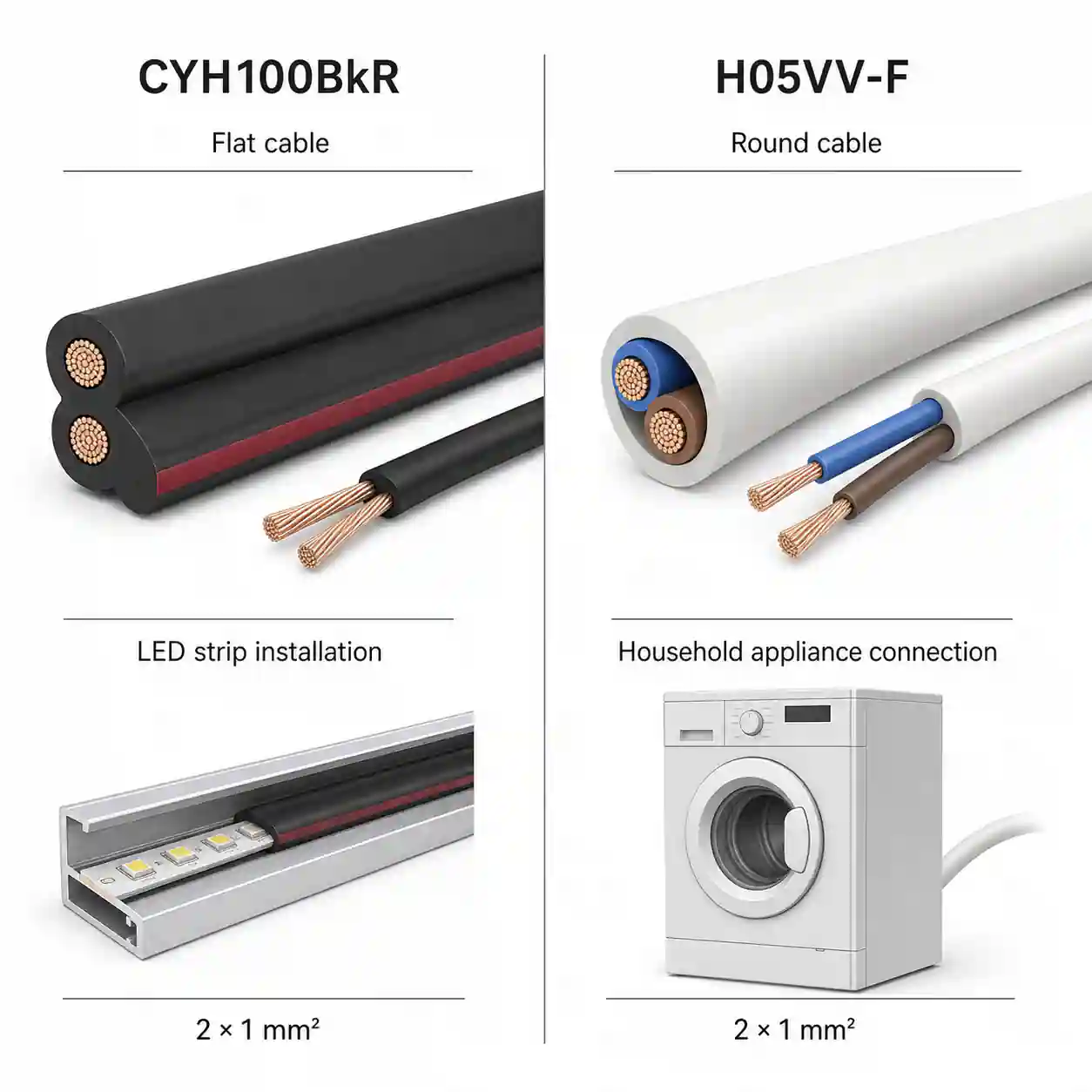 Srovnání plochého a kulatého kabelu 2x1mm podle použití